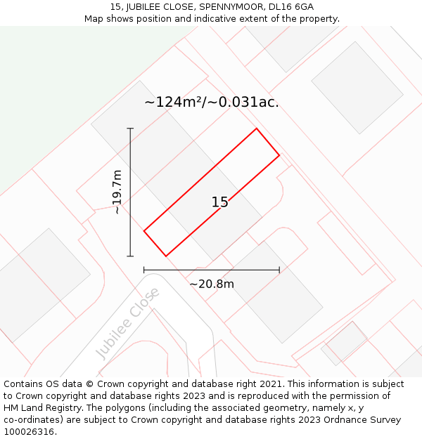 15, JUBILEE CLOSE, SPENNYMOOR, DL16 6GA: Plot and title map