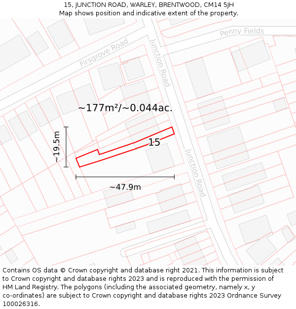 15, JUNCTION ROAD, WARLEY, BRENTWOOD, CM14 5JH: Plot and title map