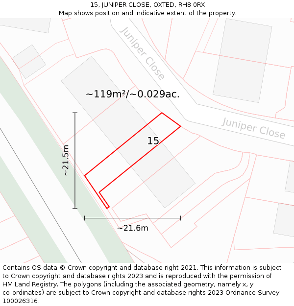 15, JUNIPER CLOSE, OXTED, RH8 0RX: Plot and title map