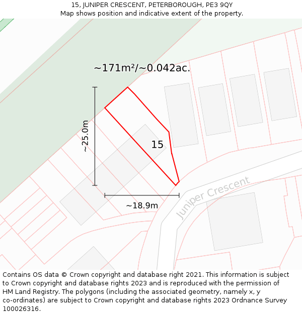 15, JUNIPER CRESCENT, PETERBOROUGH, PE3 9QY: Plot and title map