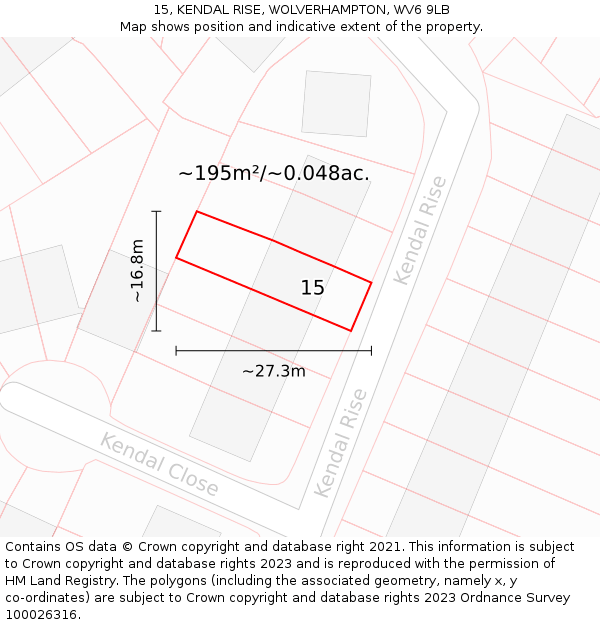 15, KENDAL RISE, WOLVERHAMPTON, WV6 9LB: Plot and title map