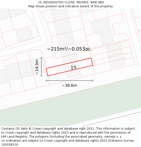 15, KENSINGTON CLOSE, WIDNES, WA8 3BA: Plot and title map