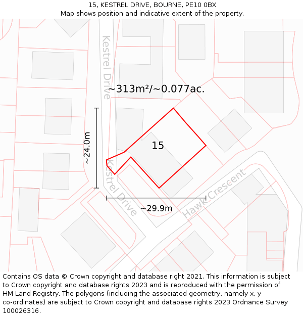 15, KESTREL DRIVE, BOURNE, PE10 0BX: Plot and title map