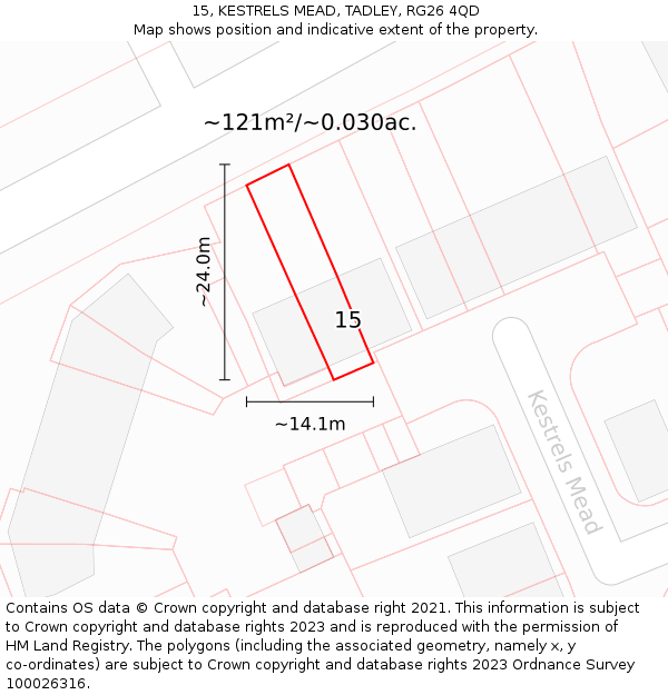 15, KESTRELS MEAD, TADLEY, RG26 4QD: Plot and title map