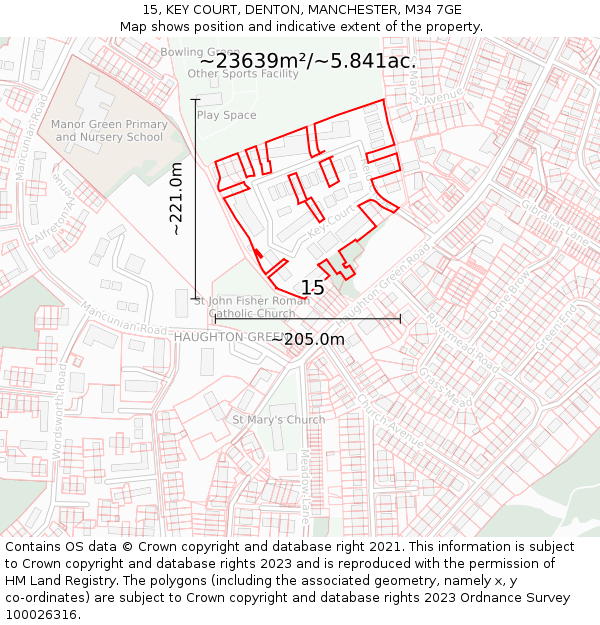 15, KEY COURT, DENTON, MANCHESTER, M34 7GE: Plot and title map