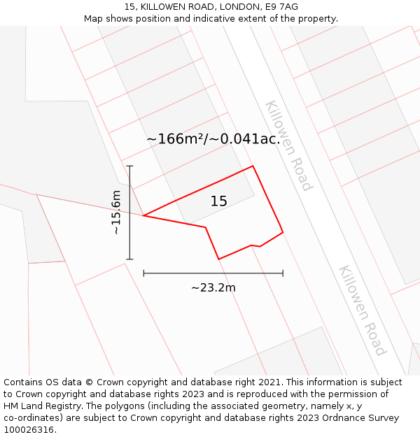 15, KILLOWEN ROAD, LONDON, E9 7AG: Plot and title map