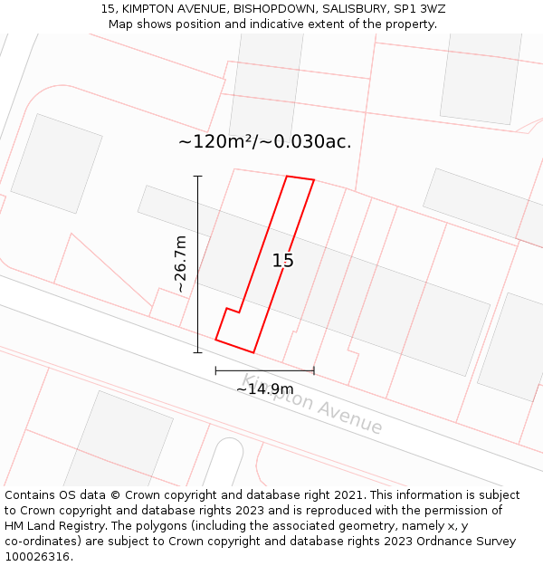 15, KIMPTON AVENUE, BISHOPDOWN, SALISBURY, SP1 3WZ: Plot and title map