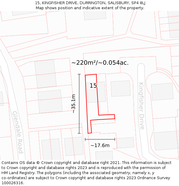 15, KINGFISHER DRIVE, DURRINGTON, SALISBURY, SP4 8LJ: Plot and title map