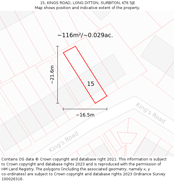 15, KINGS ROAD, LONG DITTON, SURBITON, KT6 5JE: Plot and title map