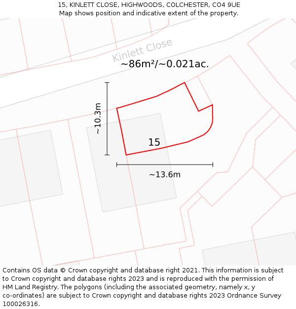 15, KINLETT CLOSE, HIGHWOODS, COLCHESTER, CO4 9UE: Plot and title map