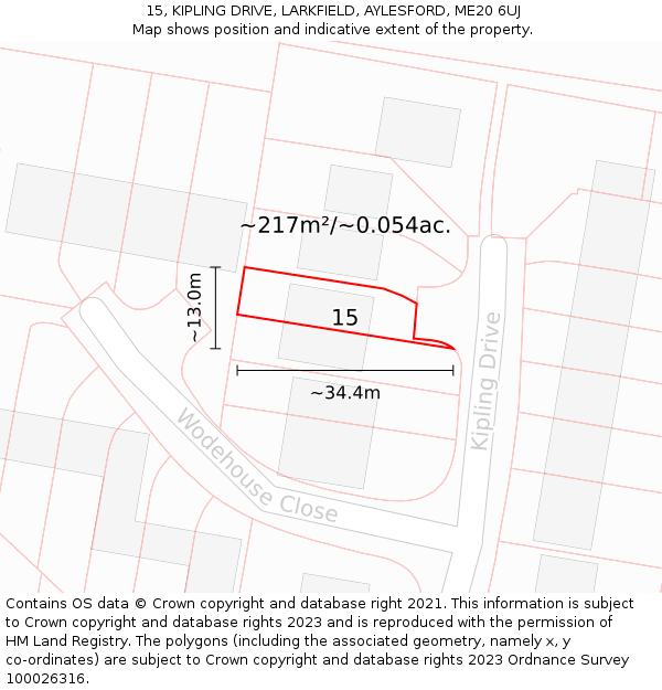 15, KIPLING DRIVE, LARKFIELD, AYLESFORD, ME20 6UJ: Plot and title map
