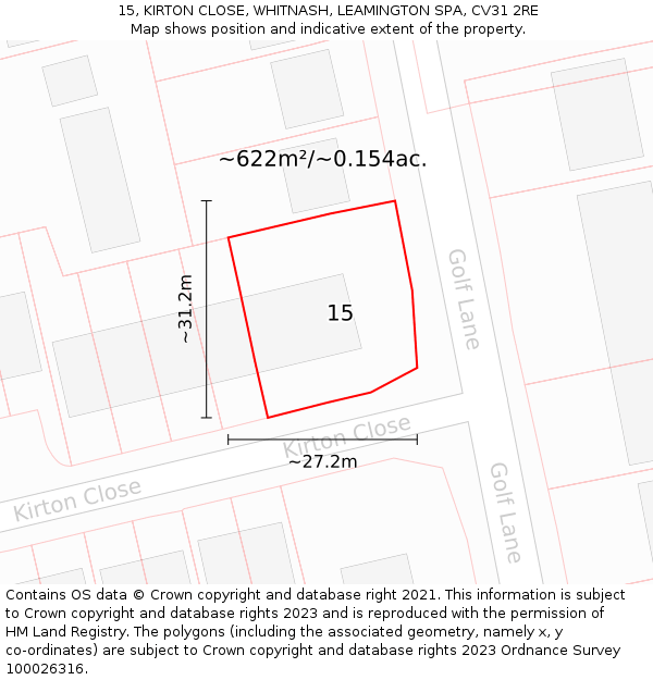 15, KIRTON CLOSE, WHITNASH, LEAMINGTON SPA, CV31 2RE: Plot and title map