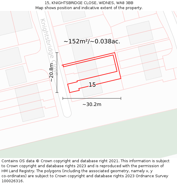 15, KNIGHTSBRIDGE CLOSE, WIDNES, WA8 3BB: Plot and title map