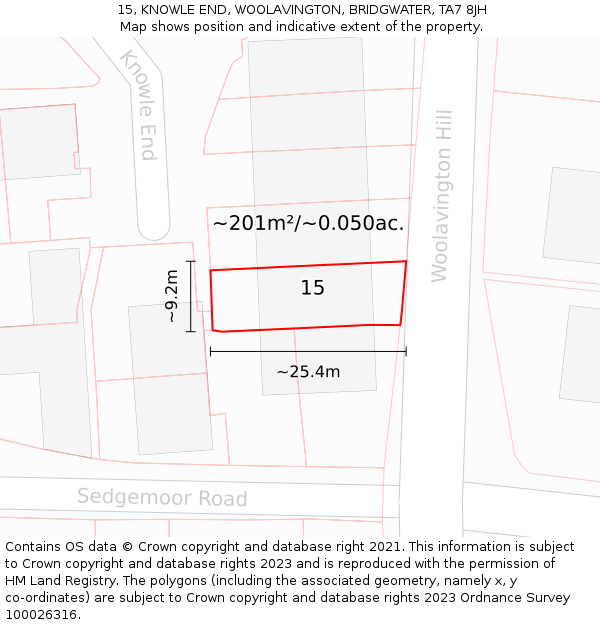 15, KNOWLE END, WOOLAVINGTON, BRIDGWATER, TA7 8JH: Plot and title map