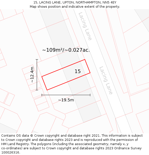 15, LACING LANE, UPTON, NORTHAMPTON, NN5 4EY: Plot and title map