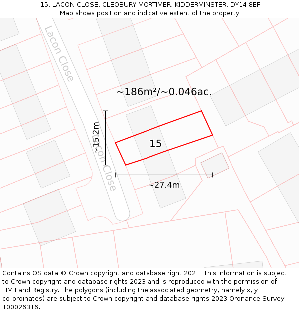 15, LACON CLOSE, CLEOBURY MORTIMER, KIDDERMINSTER, DY14 8EF: Plot and title map
