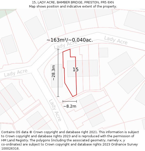15, LADY ACRE, BAMBER BRIDGE, PRESTON, PR5 6XN: Plot and title map