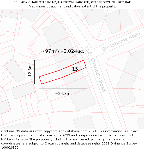 15, LADY CHARLOTTE ROAD, HAMPTON HARGATE, PETERBOROUGH, PE7 8AE: Plot and title map