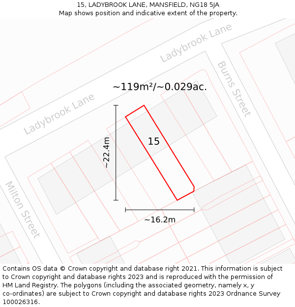 15, LADYBROOK LANE, MANSFIELD, NG18 5JA: Plot and title map