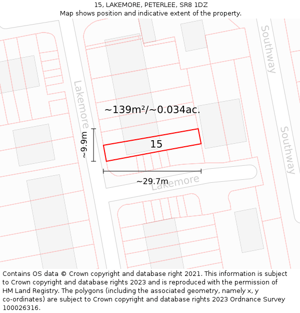 15, LAKEMORE, PETERLEE, SR8 1DZ: Plot and title map
