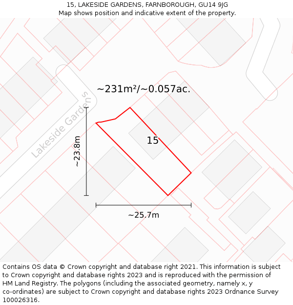 15, LAKESIDE GARDENS, FARNBOROUGH, GU14 9JG: Plot and title map