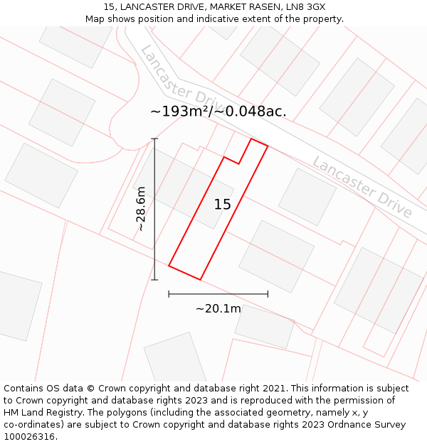 15, LANCASTER DRIVE, MARKET RASEN, LN8 3GX: Plot and title map