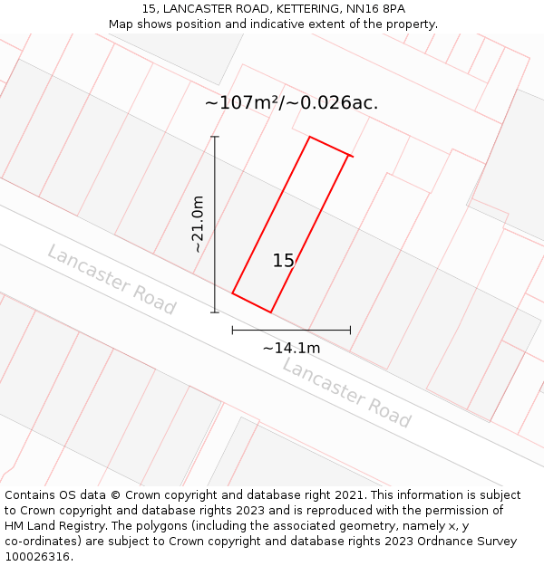 15, LANCASTER ROAD, KETTERING, NN16 8PA: Plot and title map