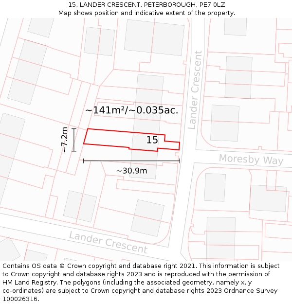 15, LANDER CRESCENT, PETERBOROUGH, PE7 0LZ: Plot and title map