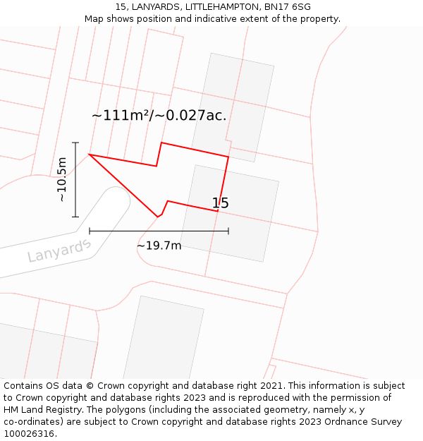 15, LANYARDS, LITTLEHAMPTON, BN17 6SG: Plot and title map