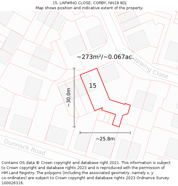 15, LAPWING CLOSE, CORBY, NN18 8DJ: Plot and title map
