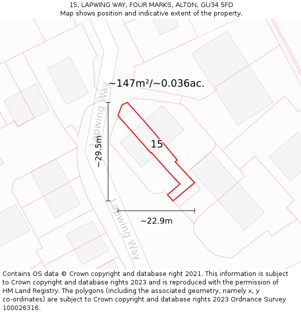 15, LAPWING WAY, FOUR MARKS, ALTON, GU34 5FD: Plot and title map