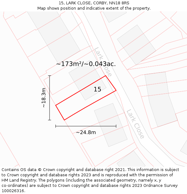 15, LARK CLOSE, CORBY, NN18 8RS: Plot and title map