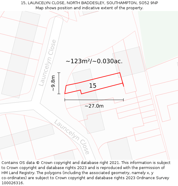 15, LAUNCELYN CLOSE, NORTH BADDESLEY, SOUTHAMPTON, SO52 9NP: Plot and title map