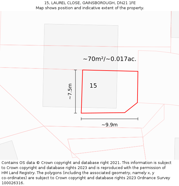 15, LAUREL CLOSE, GAINSBOROUGH, DN21 1FE: Plot and title map