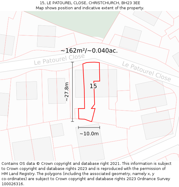15, LE PATOUREL CLOSE, CHRISTCHURCH, BH23 3EE: Plot and title map
