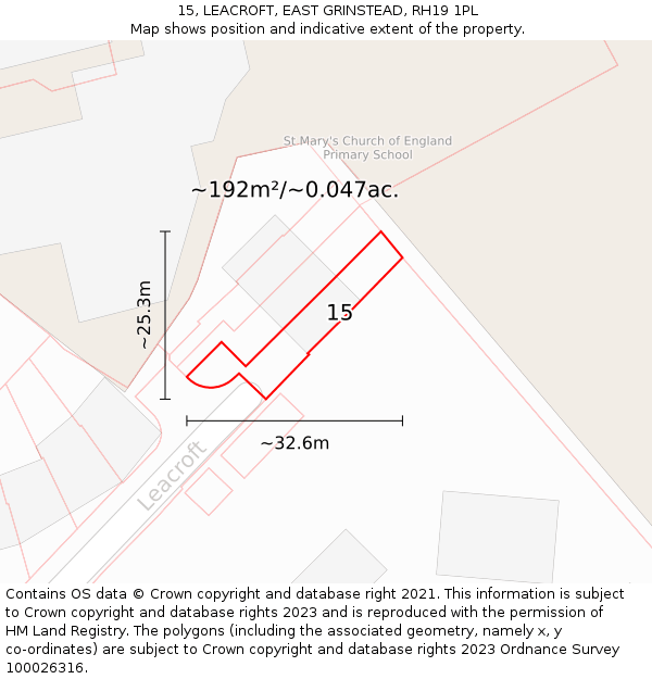15, LEACROFT, EAST GRINSTEAD, RH19 1PL: Plot and title map