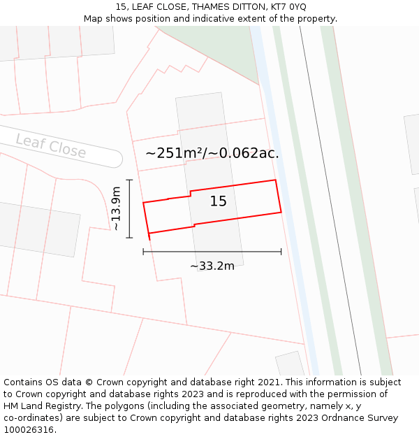 15, LEAF CLOSE, THAMES DITTON, KT7 0YQ: Plot and title map