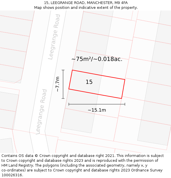 15, LEEGRANGE ROAD, MANCHESTER, M9 4FA: Plot and title map