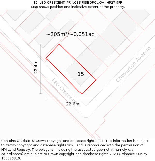 15, LEO CRESCENT, PRINCES RISBOROUGH, HP27 9FR: Plot and title map