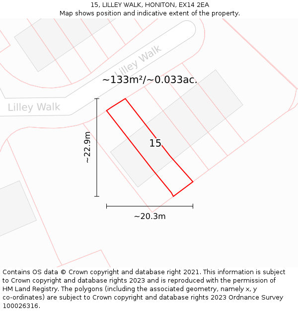 15, LILLEY WALK, HONITON, EX14 2EA: Plot and title map