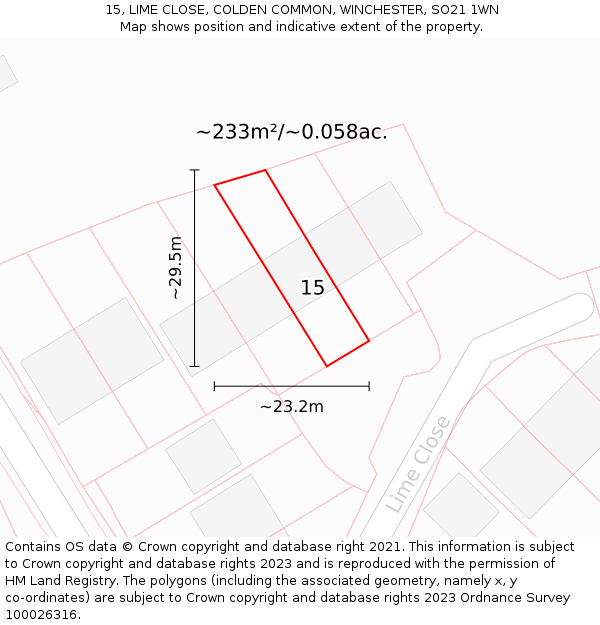 15, LIME CLOSE, COLDEN COMMON, WINCHESTER, SO21 1WN: Plot and title map