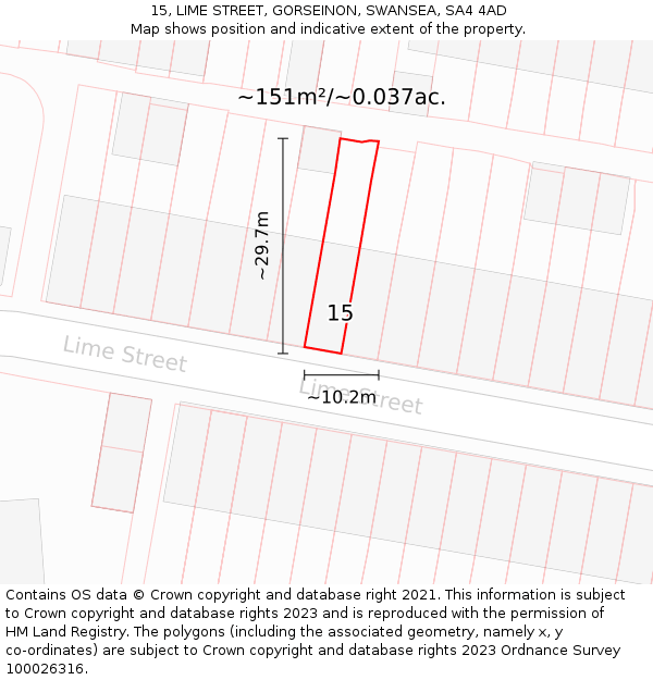 15, LIME STREET, GORSEINON, SWANSEA, SA4 4AD: Plot and title map