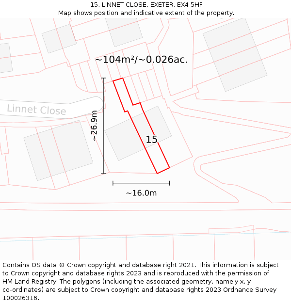 15, LINNET CLOSE, EXETER, EX4 5HF: Plot and title map