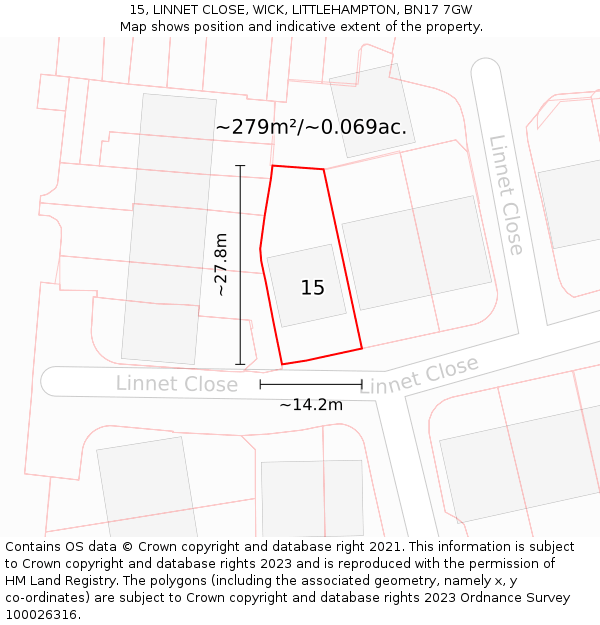 15, LINNET CLOSE, WICK, LITTLEHAMPTON, BN17 7GW: Plot and title map