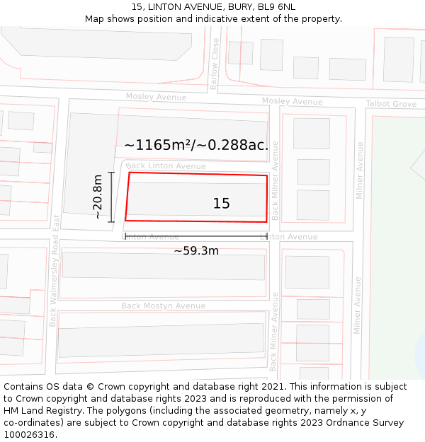 15, LINTON AVENUE, BURY, BL9 6NL: Plot and title map