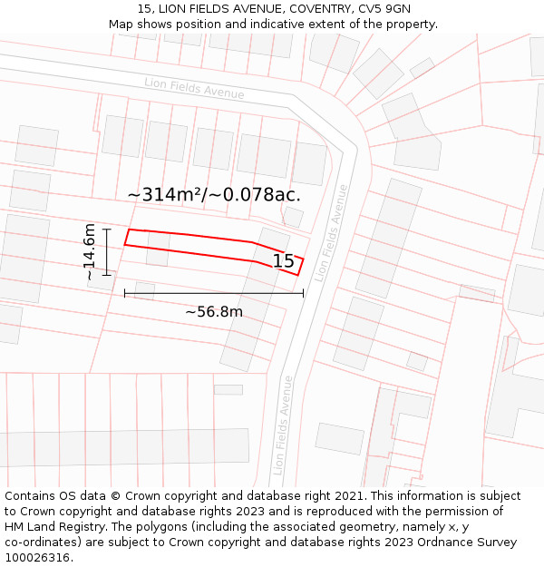 15, LION FIELDS AVENUE, COVENTRY, CV5 9GN: Plot and title map