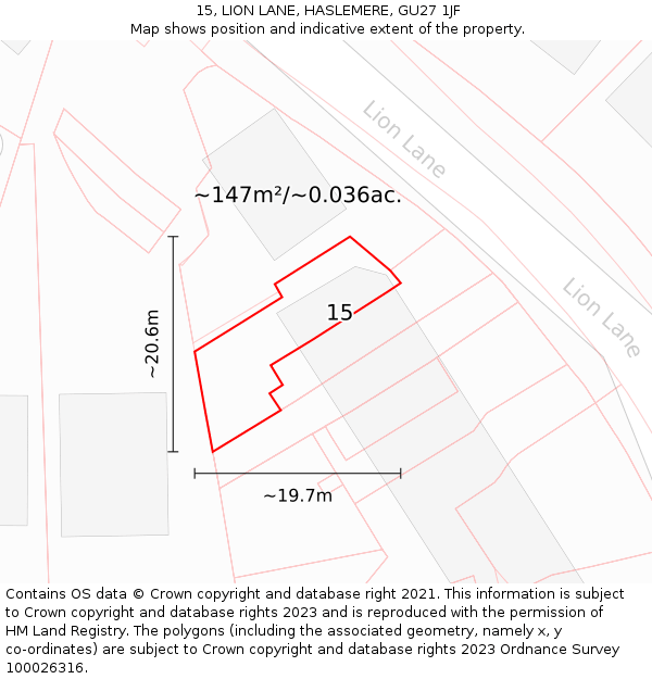 15, LION LANE, HASLEMERE, GU27 1JF: Plot and title map