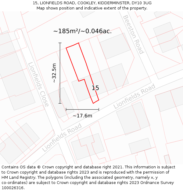 15, LIONFIELDS ROAD, COOKLEY, KIDDERMINSTER, DY10 3UG: Plot and title map