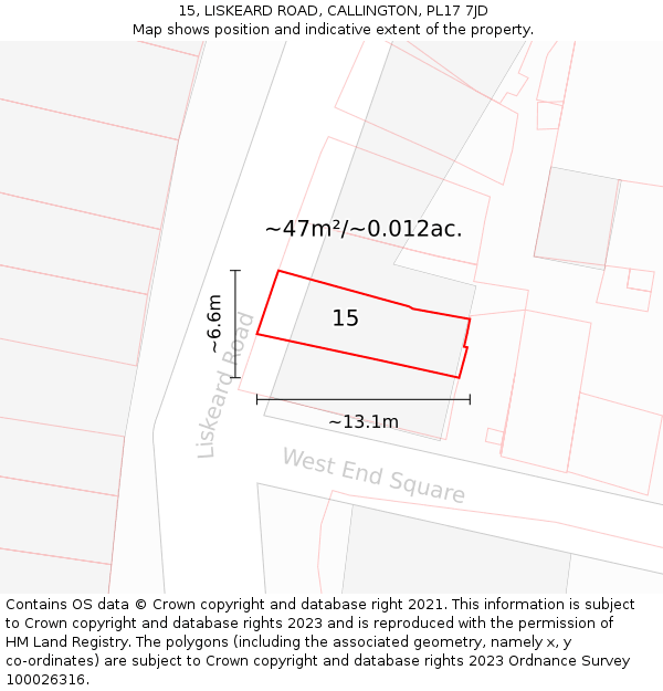 15, LISKEARD ROAD, CALLINGTON, PL17 7JD: Plot and title map