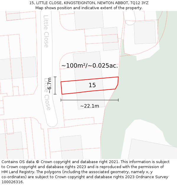 15, LITTLE CLOSE, KINGSTEIGNTON, NEWTON ABBOT, TQ12 3YZ: Plot and title map